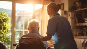 Family members sit with an older adult during a small assisted living activity.