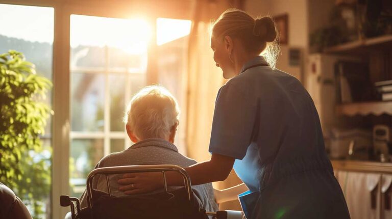 Family members sit with an older adult during a small assisted living activity.